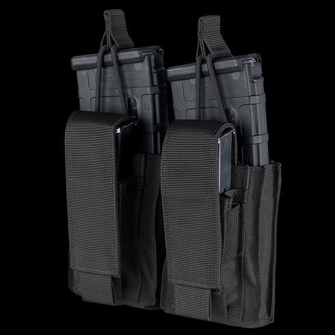 The Condor Double Kangaroo Mag Pouch Gen II is a black nylon pouch with flap closures and vertical retention straps, designed to hold two black rifle magazines.