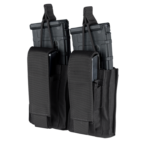 The Condor Double Kangaroo Mag Pouch Gen II is a black nylon pouch with flap closures and vertical retention straps, designed to hold two black rifle magazines.