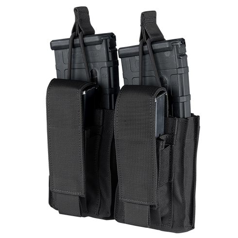 The Condor Double Kangaroo Mag Pouch Gen II is a black nylon pouch with flap closures and vertical retention straps, designed to hold two black rifle magazines.