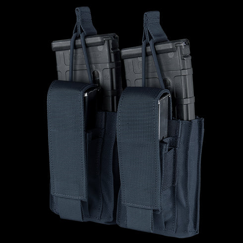 The Condor Double Kangaroo Mag Pouch Gen II is a black nylon pouch with visible stitching, designed to securely hold two rifle and two pistol magazines with securing flaps.