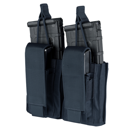 The Condor Double Kangaroo Mag Pouch Gen II is a black nylon pouch with visible stitching, designed to securely hold two rifle and two pistol magazines with securing flaps.