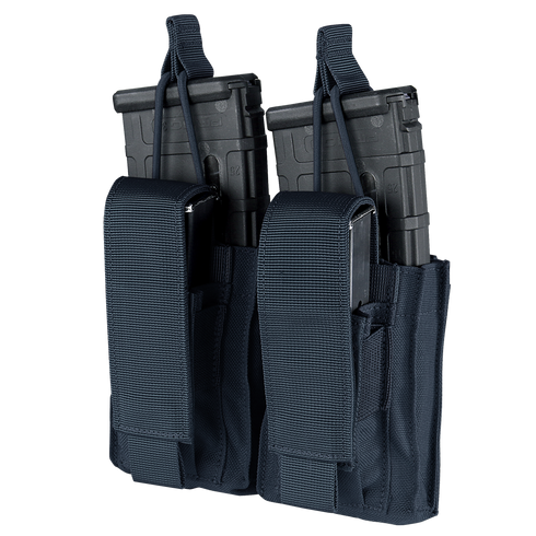 The Condor Double Kangaroo Mag Pouch Gen II is a black nylon pouch with visible stitching, designed to securely hold two rifle and two pistol magazines with securing flaps.