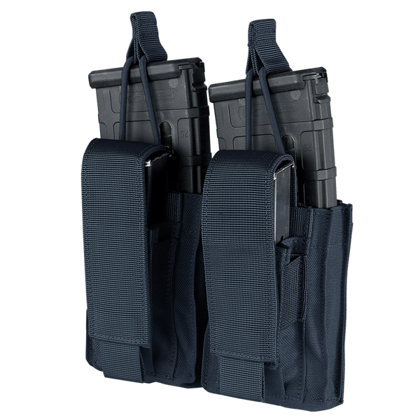 The Condor Double Kangaroo Mag Pouch Gen II is a black nylon pouch with visible stitching, designed to securely hold two rifle and two pistol magazines with securing flaps.