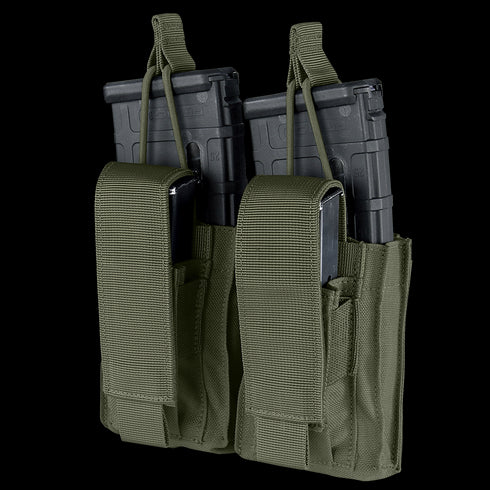 The Condor Double Kangaroo Mag Pouch Gen II, made of green tactical fabric, holds two black rifle magazines and two smaller black pistol magazines.
