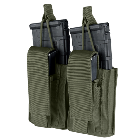 The Condor Double Kangaroo Mag Pouch Gen II, made of green tactical fabric, holds two black rifle magazines and two smaller black pistol magazines.
