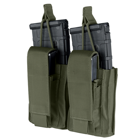The Condor Double Kangaroo Mag Pouch Gen II, made of green tactical fabric, holds two black rifle magazines and two smaller black pistol magazines.