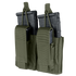 The Condor Double Kangaroo Mag Pouch Gen II, made of green tactical fabric, holds two black rifle magazines and two smaller black pistol magazines.