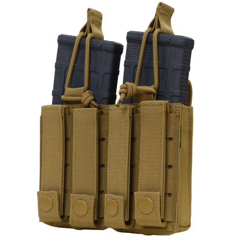 The Condor Double Kangaroo Mag Pouch Gen II in Scorpion OCP securely holds two rifle magazines with adjustable retention straps and flapped covers.