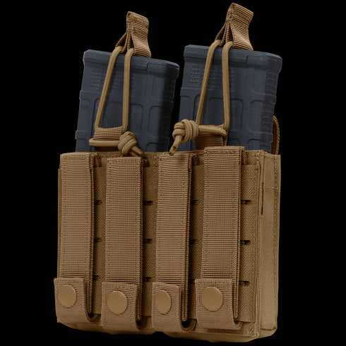 The Condor Double Kangaroo Mag Pouch Gen II securely holds two black rifle magazines with snap button closures and MOLLE webbing for tactical use.