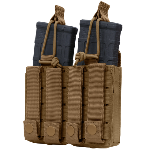 The Condor Double Kangaroo Mag Pouch Gen II securely holds two black rifle magazines with snap button closures and MOLLE webbing for tactical use.