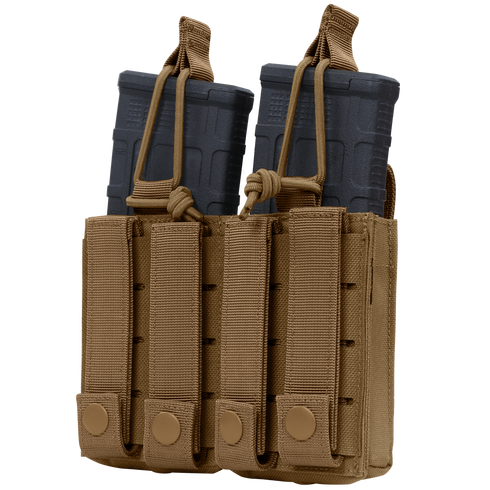 The Condor Double Kangaroo Mag Pouch Gen II securely holds two black rifle magazines with snap button closures and MOLLE webbing for tactical use.