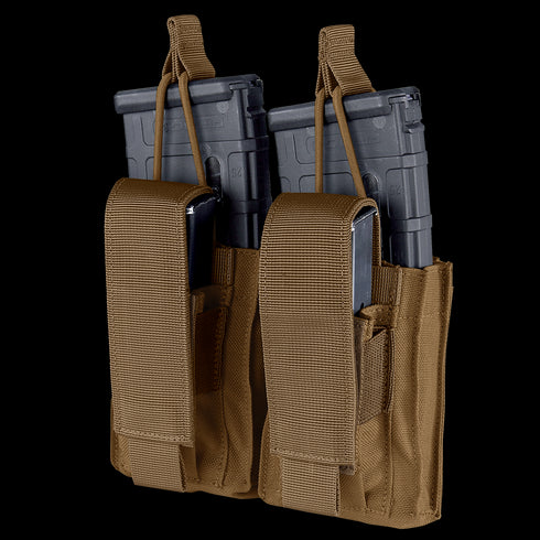 Two black rifle magazines stored in the Condor Double Kangaroo Mag Pouch Gen II, featuring brown color, dual magazine capacity, flap closures, and securing straps.