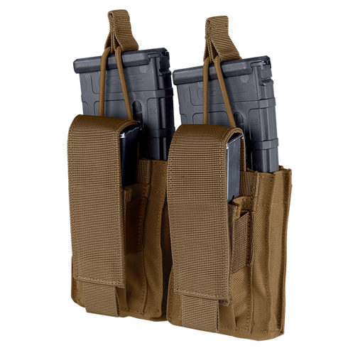 Two black rifle magazines stored in the Condor Double Kangaroo Mag Pouch Gen II, featuring brown color, dual magazine capacity, flap closures, and securing straps.