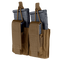 Two black rifle magazines stored in the Condor Double Kangaroo Mag Pouch Gen II, featuring brown color, dual magazine capacity, flap closures, and securing straps.