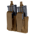 Two black rifle magazines stored in the Condor Double Kangaroo Mag Pouch Gen II, featuring brown color, dual magazine capacity, flap closures, and securing straps.