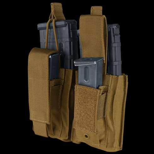 The Condor Double Kangaroo Mag Pouch Gen II in Scorpion OCP securely holds two rifle and two pistol magazines with Velcro flap closures—perfect for military or first responder applications.