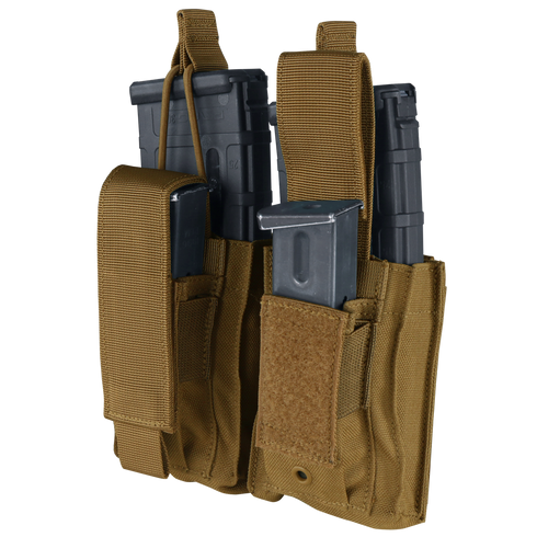 The Condor Double Kangaroo Mag Pouch Gen II in Scorpion OCP securely holds two rifle and two pistol magazines with Velcro flap closures—perfect for military or first responder applications.