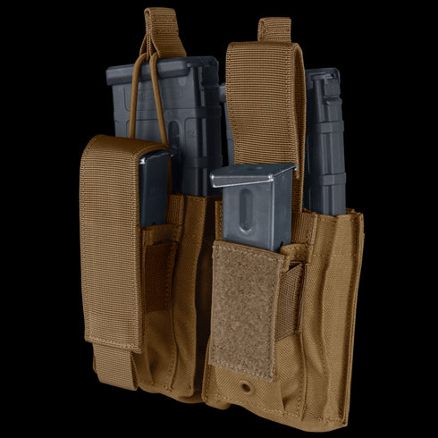 The Condor Double Kangaroo Mag Pouch Gen II is a tactical brown pouch holding two rifle magazines and two pistol magazines.