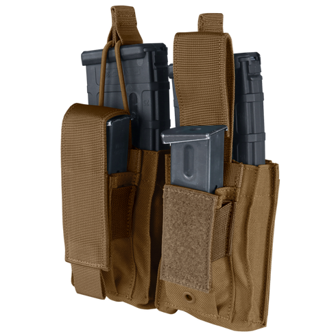 The Condor Double Kangaroo Mag Pouch Gen II is a tactical brown pouch holding two rifle magazines and two pistol magazines.