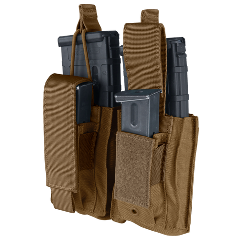 The Condor Double Kangaroo Mag Pouch Gen II is a tactical brown pouch holding two rifle magazines and two pistol magazines.