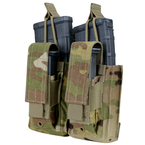 The Condor Double Kangaroo Mag Pouch Gen II in Scorpion OCP holds two magazines, secured with Velcro flaps and straps, making it ideal for tactical or military use.