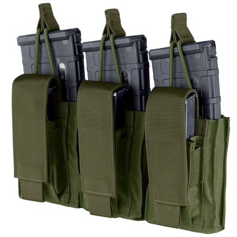 Three Condor Triple Kangaroo Mag Pouch Gen II in Olive Drab, each holding a black rifle magazine with flap closures and pull tabs visible.