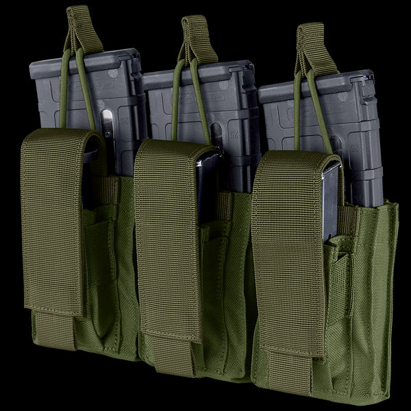 Three Condor Triple Kangaroo Mag Pouch Gen II in Olive Drab, each holding a black rifle magazine with flap closures and pull tabs visible.