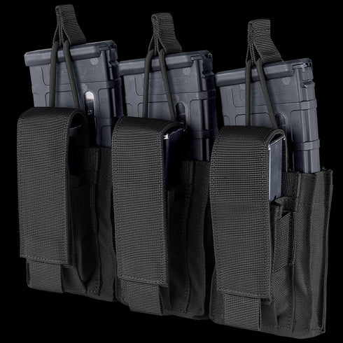 The Condor Triple Kangaroo Mag Pouch Gen II is a black tactical pouch for law enforcement or first responders, securely holding three rifle and three pistol magazines with flap and hook-and-loop closures.