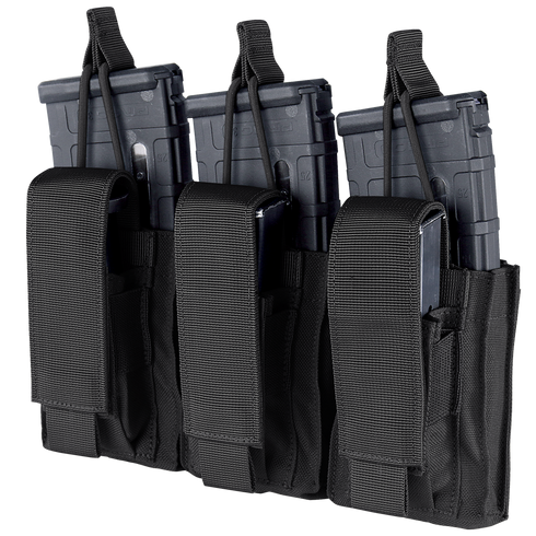 The Condor Triple Kangaroo Mag Pouch Gen II is a black tactical pouch for law enforcement or first responders, securely holding three rifle and three pistol magazines with flap and hook-and-loop closures.