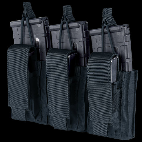 The Condor Triple Kangaroo Mag Pouch Gen II securely holds three rifle magazines with adjustable hook-and-loop straps, making it ideal for law enforcement or shooting range use.