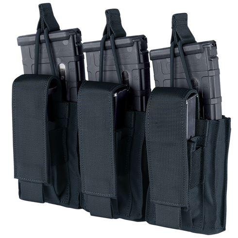 The Condor Triple Kangaroo Mag Pouch Gen II securely holds three rifle magazines with adjustable hook-and-loop straps, making it ideal for law enforcement or shooting range use.