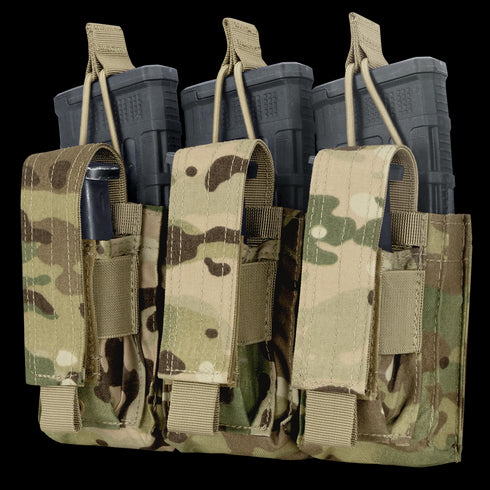 The Condor Triple Kangaroo Mag Pouch Gen II in MultiCam securely holds three rifle magazines with straps and elastic cords.