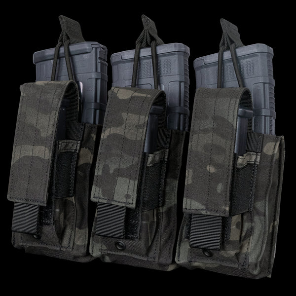 The Condor Triple Kangaroo Mag Pouch Gen II in MultiCam Black securely holds three rifle magazines with strap and flap closures, shown against a white background.