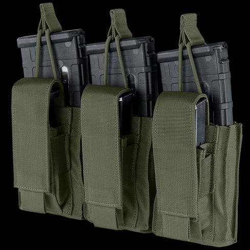 The Condor Triple Kangaroo Mag Pouch Gen II features three olive green pouches for EDC or range use, each holding a rifle magazine with Velcro flaps and aligned in a row.