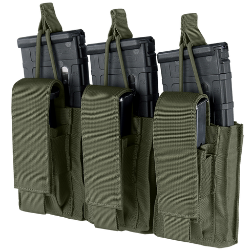 The Condor Triple Kangaroo Mag Pouch Gen II features three olive green pouches for EDC or range use, each holding a rifle magazine with Velcro flaps and aligned in a row.