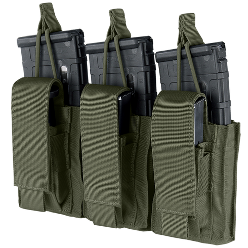 The Condor Triple Kangaroo Mag Pouch Gen II features three olive green pouches for EDC or range use, each holding a rifle magazine with Velcro flaps and aligned in a row.