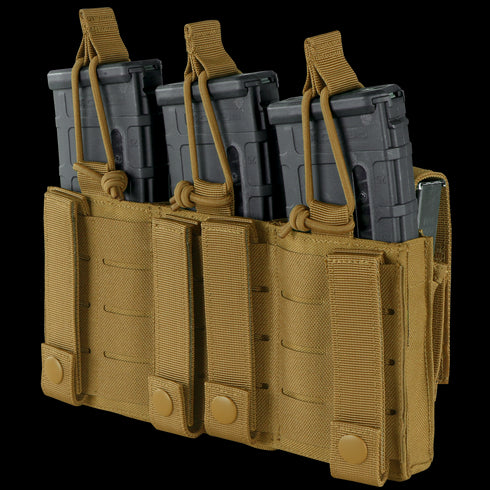 The Condor Triple Kangaroo Mag Pouch Gen II in MultiCam holds three rifle magazines securely with snap closures and adjustable retention straps.