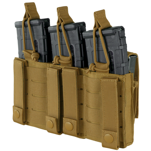 The Condor Triple Kangaroo Mag Pouch Gen II in MultiCam holds three rifle magazines securely with snap closures and adjustable retention straps.