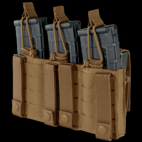 The Condor Triple Kangaroo Mag Pouch Gen II in tan is designed for military or law enforcement, securely holding three black rifle magazines with elastic retention straps.
