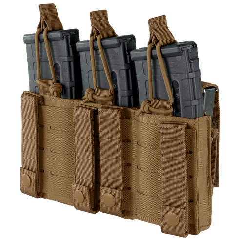 The Condor Triple Kangaroo Mag Pouch Gen II in tan is designed for military or law enforcement, securely holding three black rifle magazines with elastic retention straps.