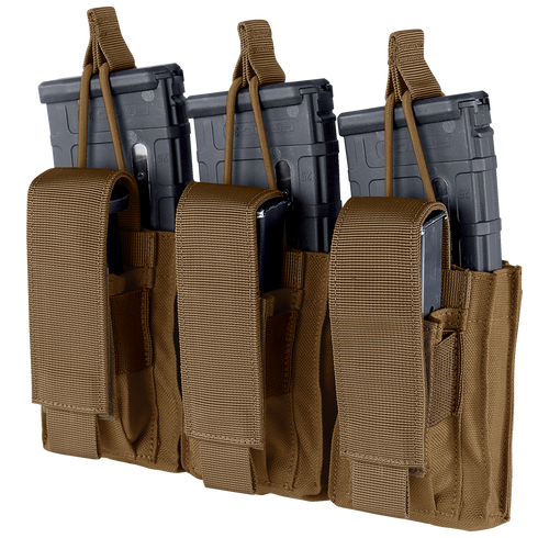 The Condor Triple Kangaroo Mag Pouch Gen II in tan holds three rifle and three pistol magazines, features retention straps for security, and is perfect for EDC or the range.