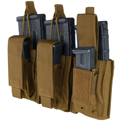 The Condor Triple Kangaroo Mag Pouch Gen II in Scorpion OCP securely holds two rifle mags and one pistol mag with velcro and strap closures—perfect for EDC or range use.