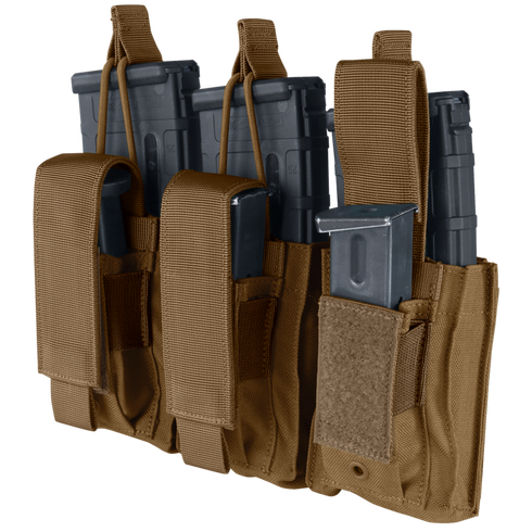 The Condor Triple Kangaroo Mag Pouch Gen II holds two rifle and one pistol magazine, ideal for EDC or military use. Tan color.