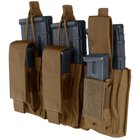 The Condor Triple Kangaroo Mag Pouch Gen II holds two rifle and one pistol magazine, ideal for EDC or military use. Tan color.