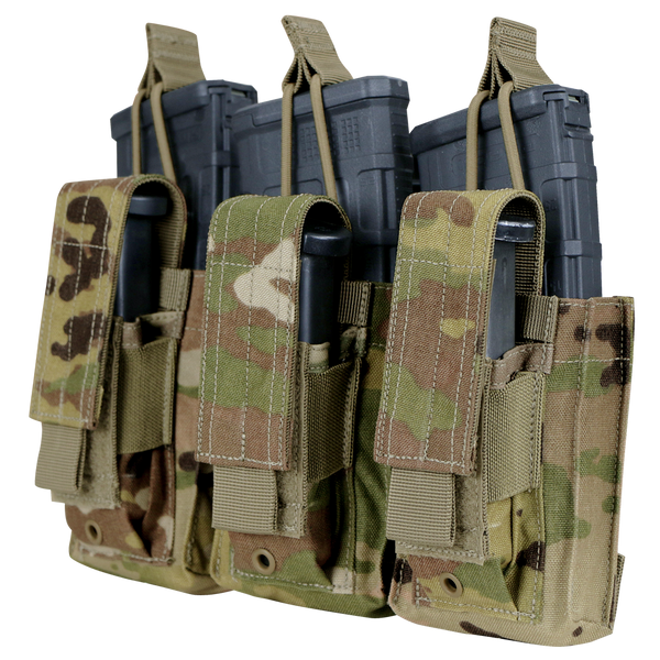 Three Condor Triple Kangaroo Mag Pouch Gen II pouches in Scorpion OCP, each holding a black rifle magazine, are displayed side by side.