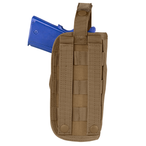 The Condor VT Holster - Left Hand in tan holds a blue training handgun, shown from the back with visible MOLLE straps and snap buttons for secure attachment.