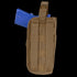 The Condor VT Holster - Left Hand in tan holds a blue training handgun, shown from the back with visible MOLLE straps and snap buttons for secure attachment.