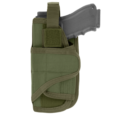The Condor VT Holster - Left Hand in Olive Drab secures a black pistol with a strap and Velcro closure.