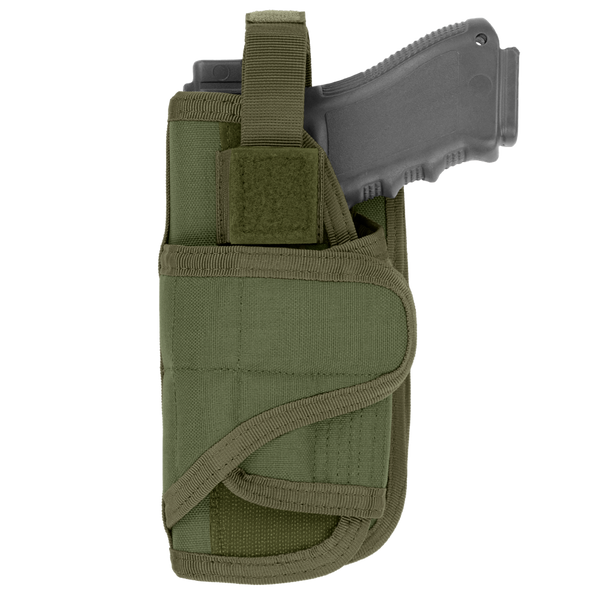 The Condor VT Holster - Left Hand in Olive Drab secures a black pistol with a strap and Velcro closure.