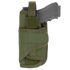 The Condor VT Holster - Left Hand in Olive Drab secures a black pistol with a strap and Velcro closure.
